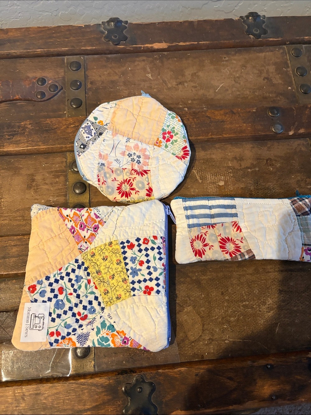 Vintage Handmade Patchwork Quilted Pouches Accents Set of 3